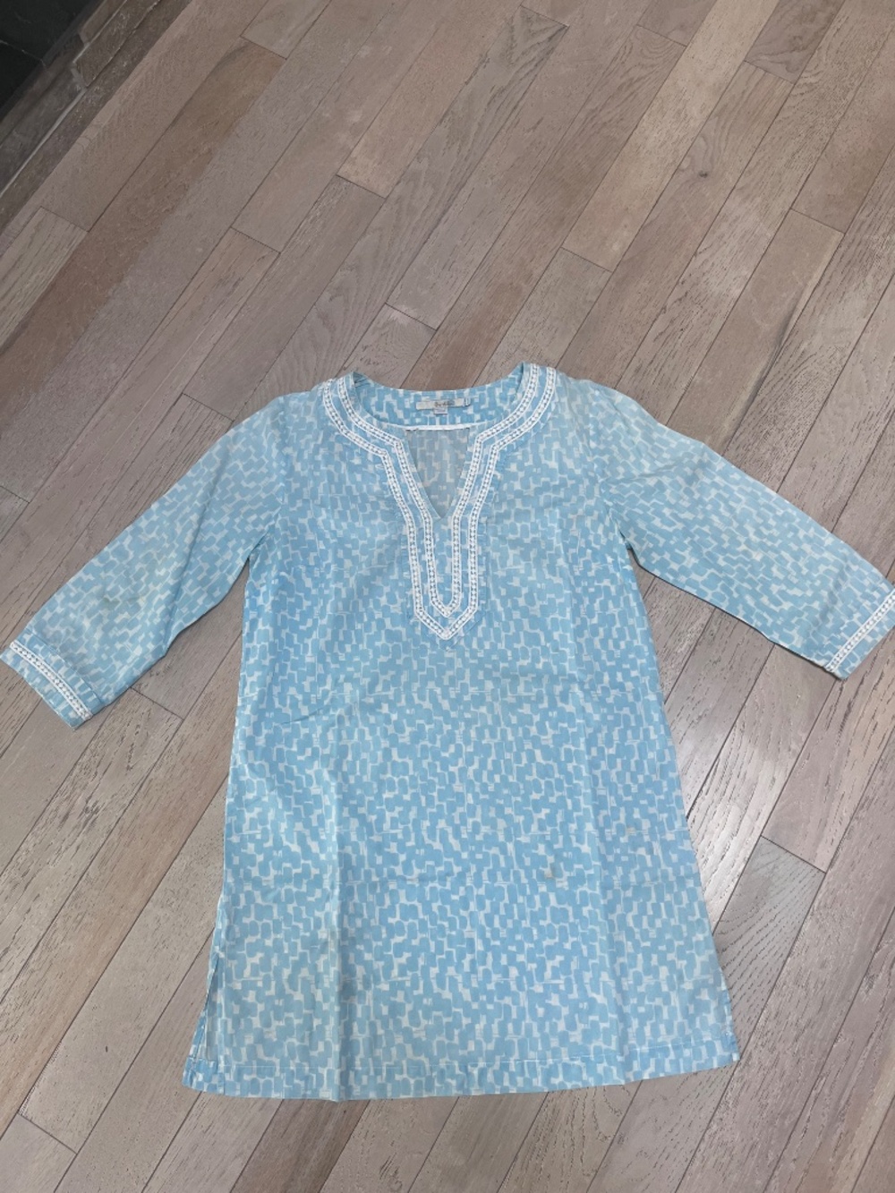 Boden Cotton Tunic Top Dress Blue Trim Boho Coastal 3/4 Sleeve 6